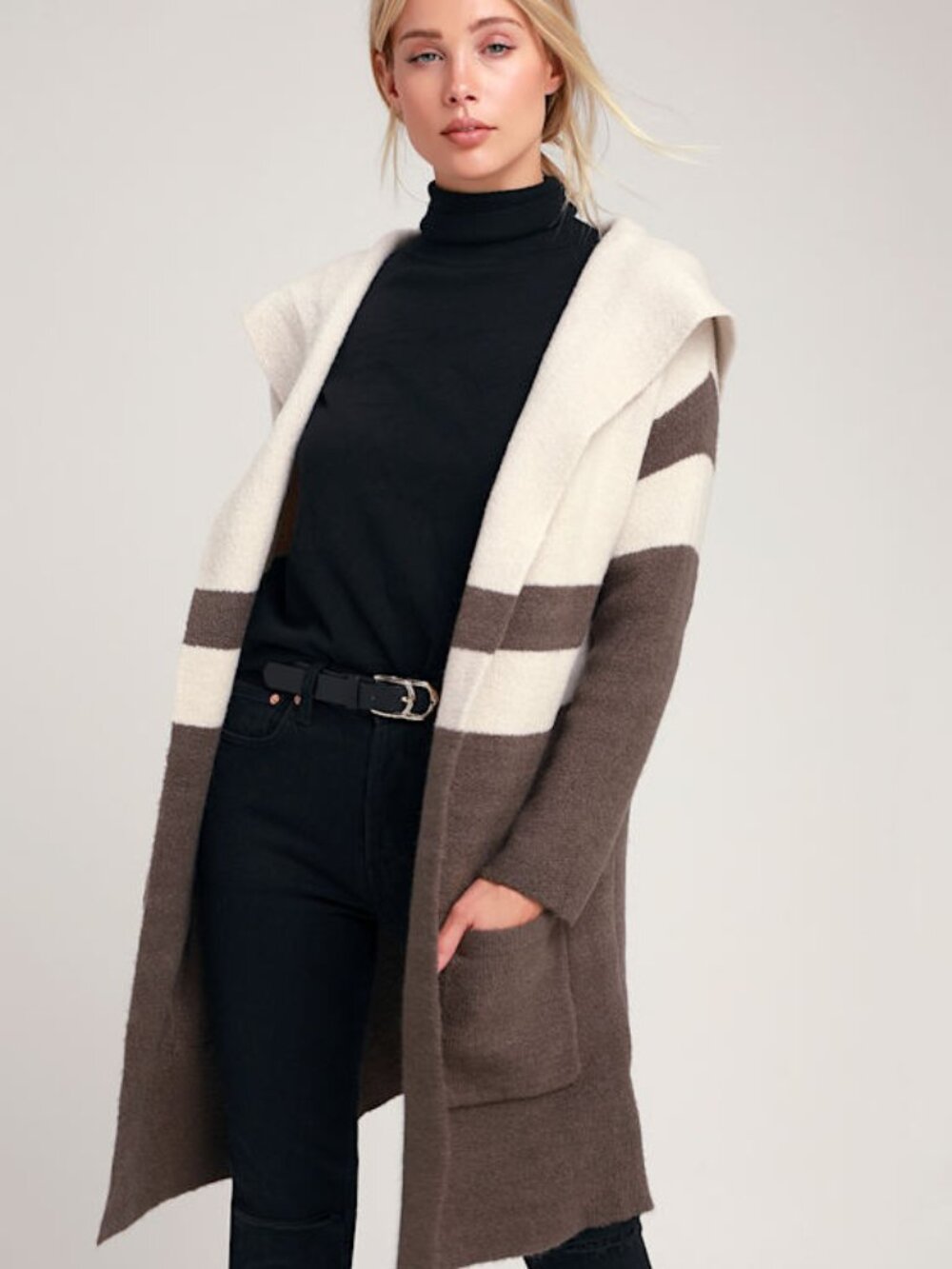 Lulus Carlsbad Grey And Taupe Striped Hooded Cardigan Sweater - Size S/M